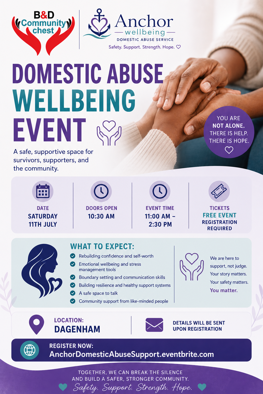 Domestic Abuse Wellbeing Event flyer for emotional wellbeing, confidence building and community support